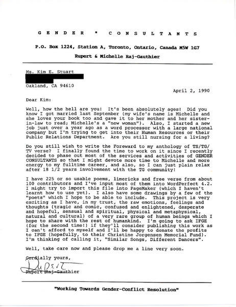 Download the full-sized image of Letter from Rupert Raj and Michelle Raj to Kim E. Stuart (April 2, 1990)