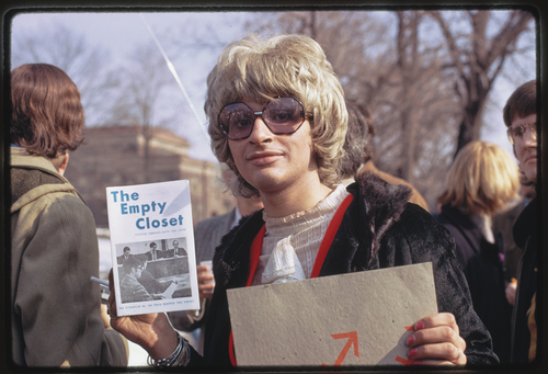 Download the full-sized image of Sylvia Rivera Holding Magazine During Gay Rights Demonstration