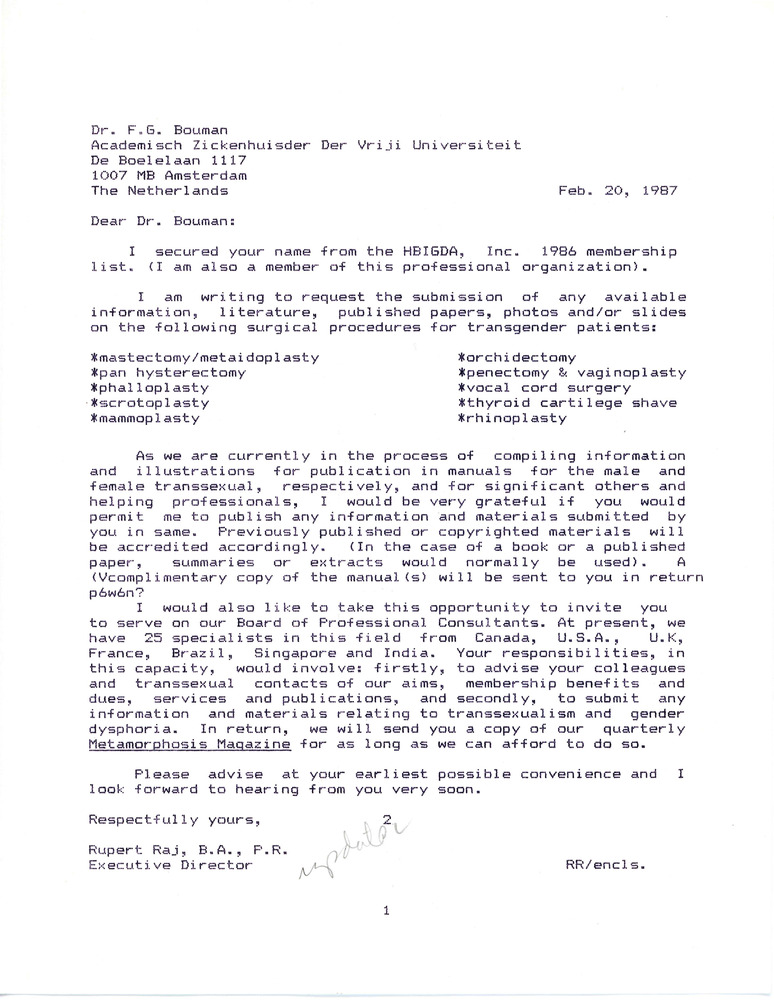 Download the full-sized PDF of Letter from Rupert Raj to Dr. F. G. Bouman (February 20, 1987)