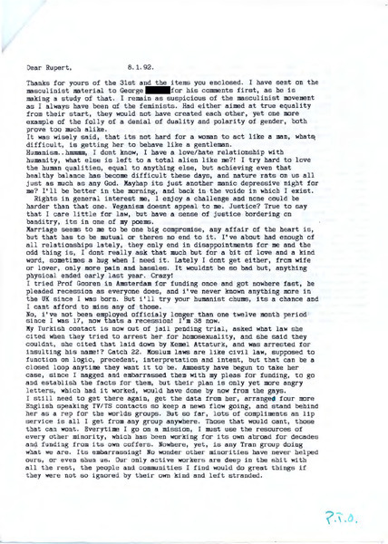 Download the full-sized image of Letter from Phaedra [redacted] to Rupert Raj (January 8, 1992)