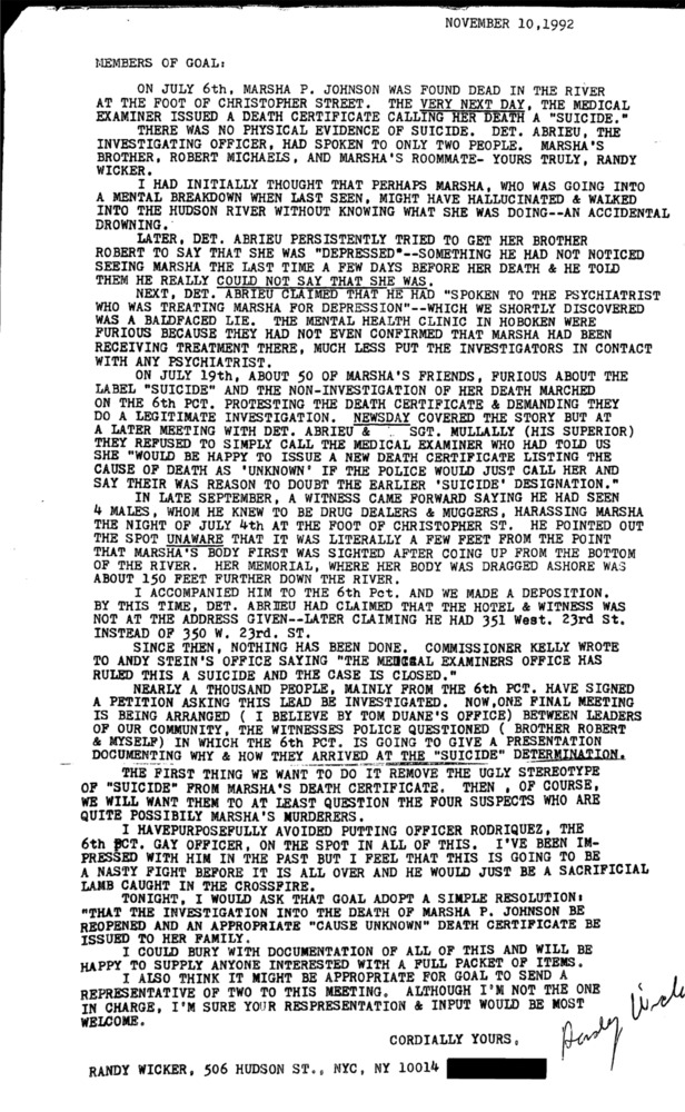 Download the full-sized PDF of Correspondence from Randy Wicker to Gay Officers Action League Members