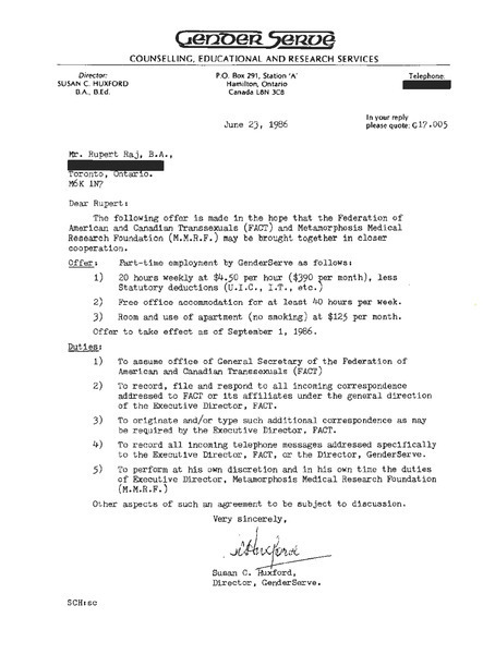 Download the full-sized image of Letter from Susan C. Huxford to Rupert Raj (June 23, 1986)