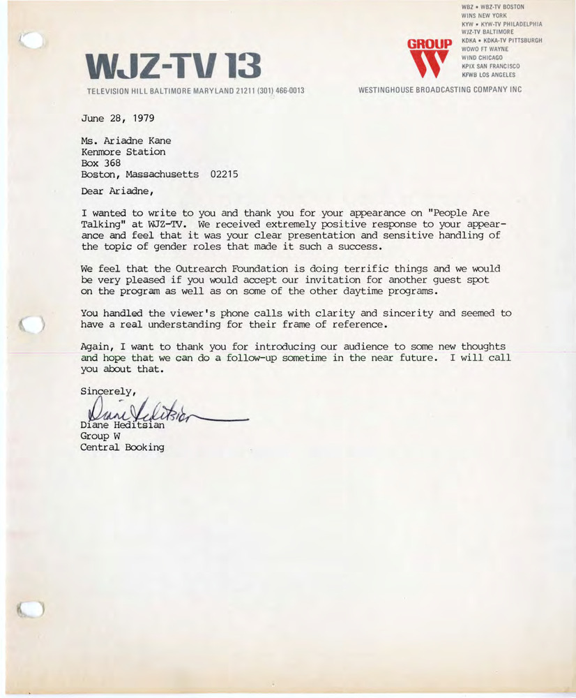 Download the full-sized PDF of Letter from Diane Hedetsian to Ariadne Kane, June 28, 1979