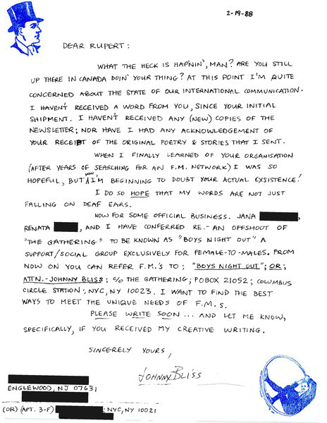 Download the full-sized image of Letter from Johnny Bliss to Rupert Raj (February 19, 1988)