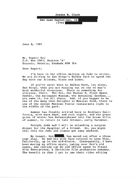 Download the full-sized image of Letter from Joanna M. Clark to Rupert Raj (June 8, 1987)