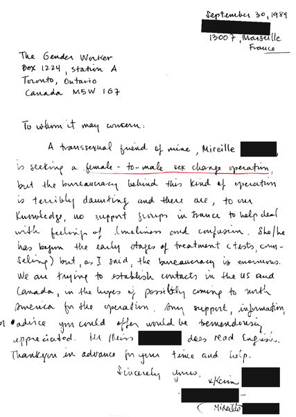 Download the full-sized image of Letter from Kevin [redacted] to the Gender Worker (September 30, 1989)