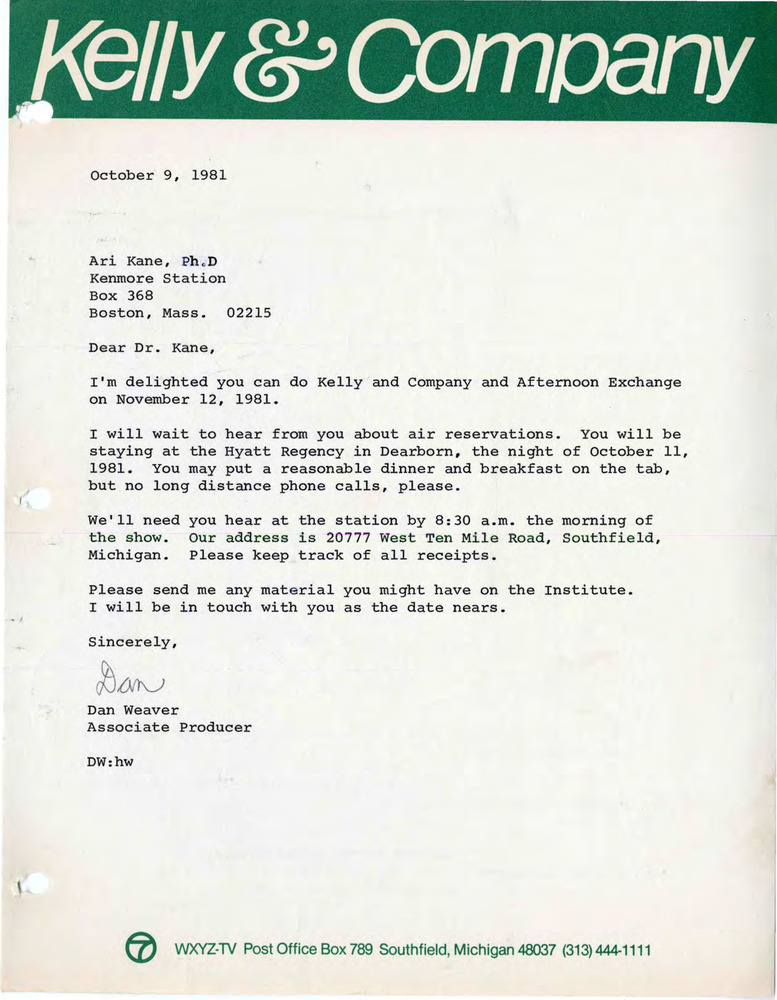 Download the full-sized PDF of Letter from Dan Weaver to Ariadne Kane October 9, 1981