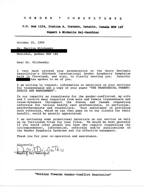 Download the full-sized image of Letter from Rupert Raj to Dr. Marilyn Wilchesky (October 20, 1989)