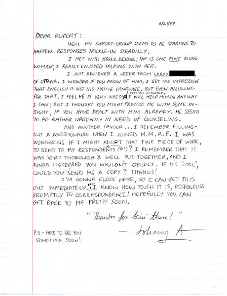 Download the full-sized image of Letter from Johnny Austen to Rupert Raj (March 21, 1989)