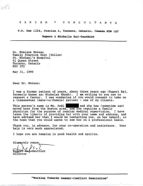 Download the full-sized image of Letter from Rupert Raj to Dr. Monique Moreau (May 31, 1990)