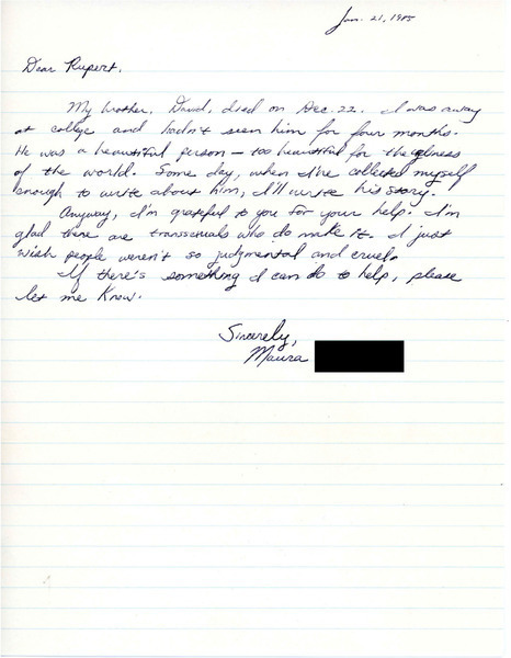 Download the full-sized image of Letter from Maura to Rupert Raj (January 21, 1985)