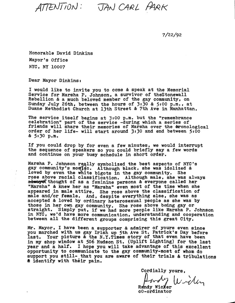 Download the full-sized PDF of A Letter from Randy Wicker to Mayor David Dinkins